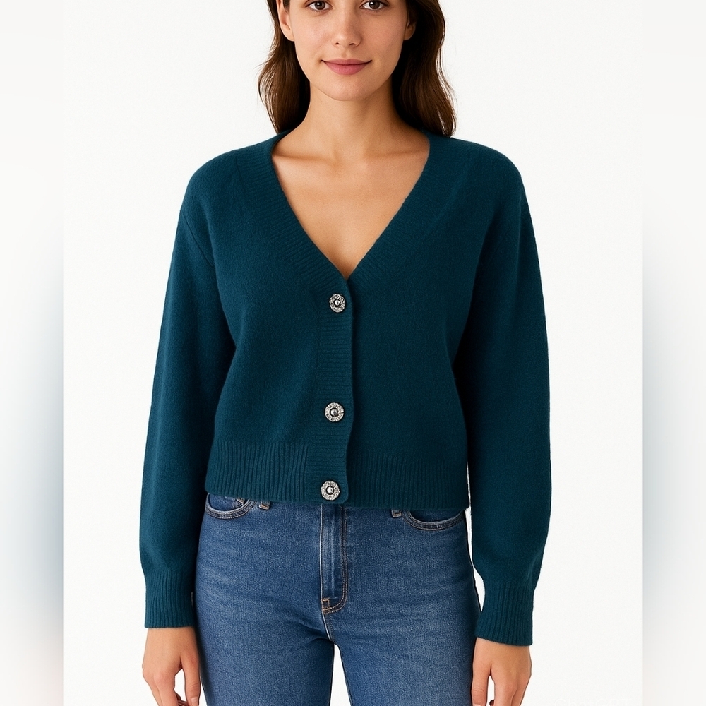 Joe Fresh/ Fuzzy/ Blue button up cardigan/ Gem buttons/ Stretchy/ Size US S